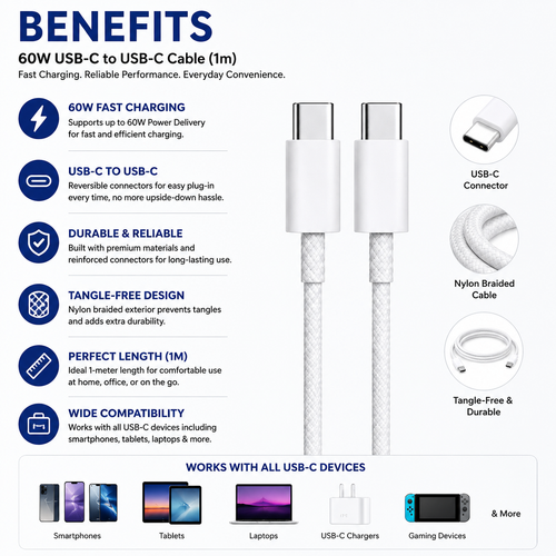 60W USB-C to USB-C Fast Charging Cable, 1m Durable Charge & Data Cable for Compatible USB-C Devices